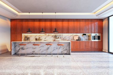 Mermer adanın iç mimarisi, arka sıçrama, ahşap dolaplar, terrazzo zemini temiz mimari tarzında. 3B Hazırlama