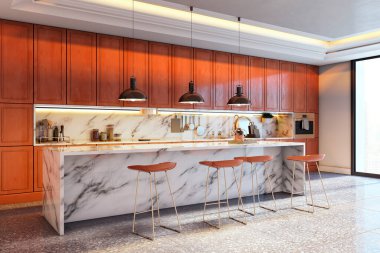 Mermer adanın iç dekorasyonu, arka sıçrama, sıcak ahşap dolaplar, kolye ışıkları ve modern fayanslı zeminde tabureler. 3B Hazırlama