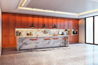 Mermer adanın içindeki modern mutfak, ahşap dolaplar, kolye ışıkları ve şehir manzaralı bar tabureleri. 3B Hazırlama