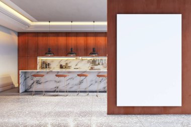 Mermer adalı çağdaş mutfak odası, ahşap dolaplar, duvarında boş dikey poster, sunum için modern iç mekan modeli. 3B Hazırlama