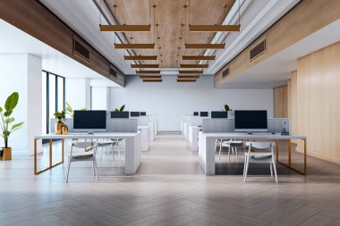Geniş ofis içi, temiz beyaz masalar, ahşap zemin ve tavan aksanları, modern mobilyaların parlak kapalı bir iş alanında yer alması. 3B Hazırlama