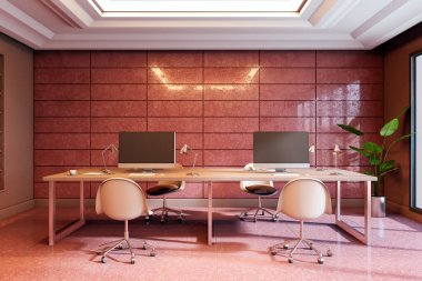 Aynı masada bilgisayarlar, modern mobilyalar ve aydınlatma, pembe fayanslar, kırmızı duvar panelleri, iş içi. 3B Hazırlama