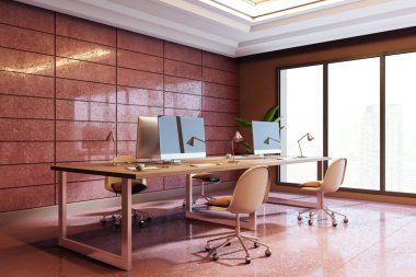 Pembe kiremit duvarlı çağdaş ofis odası, minimum mobilya ve arka planda şehir manzaralı büyük pencereler. Modern çalışma alanı kavramı. 3B Hazırlama