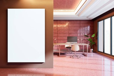 Modern ofis içi, pembe döşemeli, masa kurulumlu ve pencere manzaralı kahverengi duvarda boş bir tuval modeli var. 3B Hazırlama