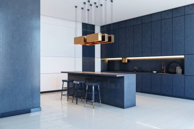 Mavi dolaplı çağdaş mutfak, kolye ışıkları, ve temiz fayanslı döşemeler en az kapalı arka planda modern tarzda. 3B Hazırlama