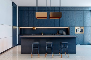 Koyu mavi dolap, altın armatürler ve parlak fayanslı zemin zemininde temiz çizgiler olan çağdaş mutfak iç mimarisi. Modern lüks kavramı. 3B Hazırlama