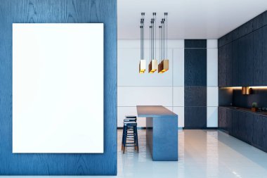 Modern mutfak iç mekanında mavi ahşap duvarda boş tuval modeli asılı ışıklar ve parlak mobilyalar, kapalı mekan tasarımı konsepti. 3B Hazırlama