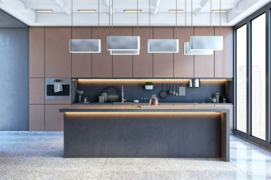 Ahşap dolaplar, gösterişli adalar ve kolye aydınlatma, şehir manzaralı büyük cam pencereler, 3D görüntüleme.