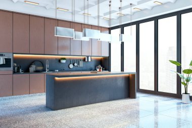 Büyük bir adanın içi, ahşap dolaplar, kolye ışıkları ve parlak fayanslı zemindeki şehir manzaralı pencereler. Modern kapalı alan kavramı. 3B Hazırlama