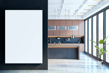 Büyük pencereli, ahşap dolaplı ve modern ışıklandırmalı, şık mutfak iç dekorasyonunda, karanlık duvardaki boş tuval. 3B Hazırlama