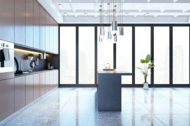 Minimalist mobilyaları, parlak yüzeyleri, büyük pencereleri ve şehir arka planıyla modern mutfak. Lüks şehir hayatı kavramı. 3B Hazırlama