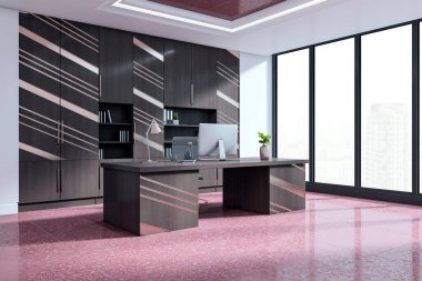Koyu ahşap mobilyaları ve pembe mermer zemini olan modern ofis odası, büyük pencereleri ve şehir manzarası var. 3B Hazırlama