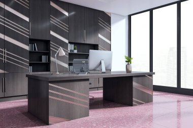 Çağdaş ofis içi koyu geometrik ahşap mobilyalar, minimal dekor ve büyük pencereler, pembe mermer döşeme, 3D döşeme