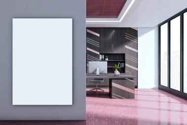 Gri duvarda boş tuval posteri, modern ofis iç mimarisi şık mobilyalar, pembe fayanslı döşemeler ve büyük pencereler. 3B Hazırlama