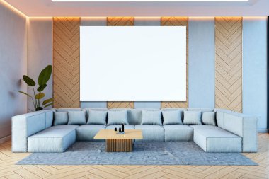 Gri bölümlü kanepe, ahşap aksan duvar, kapalı bitki ve halı döşeli modern bir oturma odasında boş tuval modeli. 3B Hazırlama