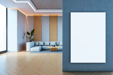 Modern iç odada boş tuval çerçeve modeli, gerçekçi stil, ahşap zemin ve dokulu duvar arkaplanı, tasarım görüntüsü konsepti. 3B Hazırlama.