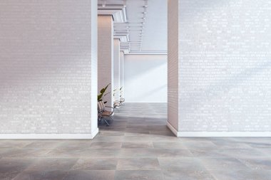 Modern ofis koridorunda boş beyaz tuğla duvar, doğal ışık, tabela modelleme, markalaştırma veya poster sunumu için mükemmel. 3B Hazırlama