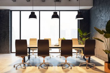 Geniş pencereli, parlak sandalyeli, minimal dekorlu, kapalı mekanlı ve doğal şehir manzaralı modern bir konferans salonu. 3B Hazırlama