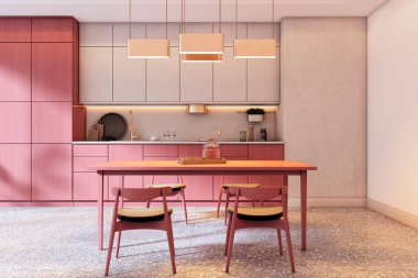 Pembe dolapları olan modern mutfak odası, terrazzo döşemeleri, ve beton arka planda modern iç mimarisi olan kolye ışıkları. 3B Hazırlama