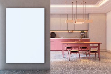 Gri duvarda dikey boş tuval modeli modern mutfak iç mimarisi pembe masa ve dolaplar, taş zemin ve sıcak ışıklandırma. 3B Hazırlama.