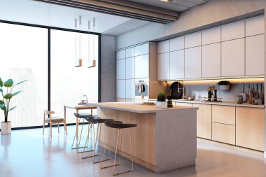 Temiz tasarımı olan çağdaş bir mutfak, hafif ahşap elementler ve şehir manzaralı yüksek katlı bir evde inşa edilmiş aletler. 3B Hazırlama