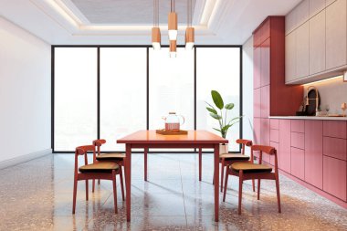 Kırmızı dolap, ahşap masa ve büyük pencereli ve şehir manzaralı parlak bir odada sandalyelerin yer aldığı çağdaş mutfak iç mimarisi. 3B Hazırlama