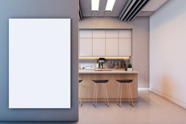 Ahşap tezgah, tabure ve beyaz dolapları olan rahat modern mutfağın yanındaki gri duvarda dikey boş tuval modeli var. 3B Hazırlama