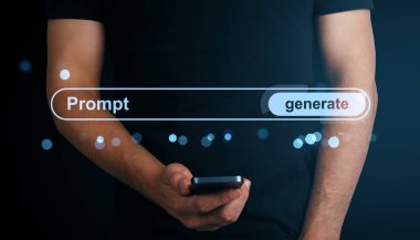 Dijital UI ile telefonu tutan adam, düğmeleri gösteriyor ve üretiyor. modern parlayan ışık tasarımı, koyu arkaplan, teknoloji kavramı