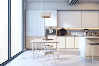 Çağdaş mutfak, hafif ahşap dolaplar ve yemek masası, minimal tasarım, geniş pencere arka planı, rahat ev alanı. 3B Hazırlama