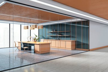 Ahşap mobilyalar, cam duvarlar ve şehir manzaralı, temiz tasarım ve geniş iç dekorasyonlu lüks modern yönetim ofisi. 3B Hazırlama