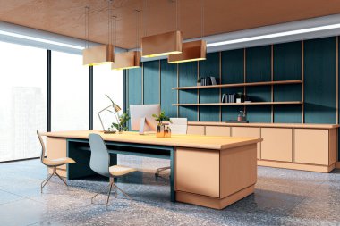 Ahşap mobilyaları, şık tasarımı, minimalist dekorasyonu ve şehir manzarası olan zarif modern patron ofisi. 3B Hazırlama