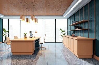 Lüks ahşap mobilyaları, temiz tasarımı, cam duvar arka planı ve zarif çalışma alanı konseptiyle çağdaş yönetim odası. 3B Hazırlama