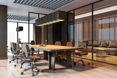 Ahşap masa, deri sandalyeler ve parlak ofis ortamında cam duvarlar olan zarif modern yönetim kurulu. 3B Hazırlama