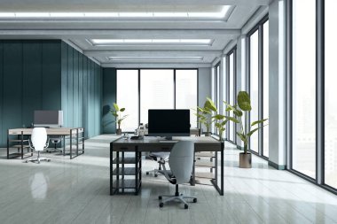 Geniş pencereli parlak modern ofis, yeşil duvarlar, parlak masalar, ve çağdaş çalışma alanında beyaz sandalyeler. 3B Hazırlama