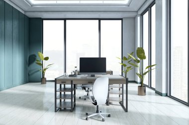 Modern boş ofis, parlak mobilyalar, minimalist tasarım, ahşap döşeme, ve uzun pencerelerden şehir manzarası. 3B Hazırlama