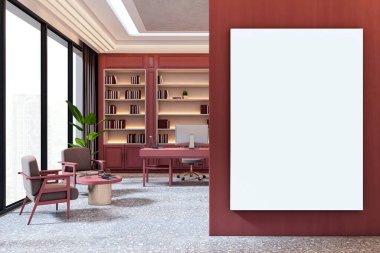 Geniş modern patron ofisinde, şık mobilyaları, kitaplıkları ve şehir manzarası olan kırmızı duvarda dikey boş poster modeli var. 3B Hazırlama