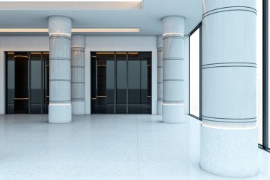 Gri sütunları, parlak zemini ve büyük pencereleri olan boş modern ofis koridoru. 3B Hazırlama
