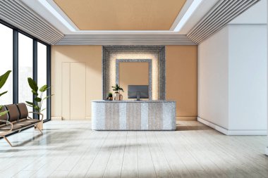 Modern ofis lobisindeki modern resepsiyon masasında ışık aksanları, ahşap ve mermer dokular, şehir manzaralı pencereler ve hoş geldin çalışma alanı. 3B Hazırlama