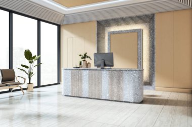 Modern ofis lobisinde zarif bir resepsiyon masası. Doğal ışık, terrazzo tezgahı ve şehir manzaralı. 3B Hazırlama
