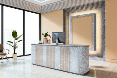 Zarif ofis lobisinde şık bir resepsiyon masası terrazzo tezgahı, boş model duvar, parlak ahşap zemin ve şehir manzarası. 3B Hazırlama