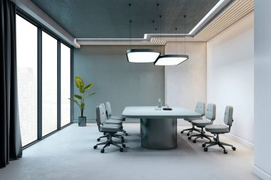 Minimalist modern konferans odası, temiz iç tasarımı, geniş pencereleri ve parlak bir şirket çalışma alanında zarif mobilyaları var. 3B Hazırlama