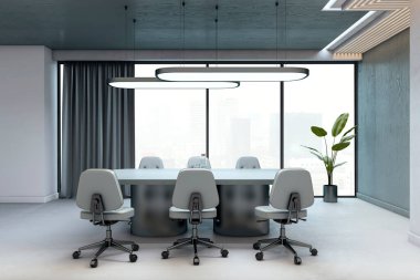Boş modern konferans odası içi lüks mobilyalar ve şehir manzarası gösteren geniş pencereler, yaratıcı çalışma alanı konsepti. 3B Hazırlama