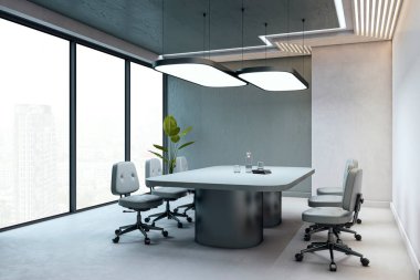 Şık, modern yönetim kurulu odası şık sandalyeler ve masa, geniş pencereler şehrin ufuk çizgisini gösteriyor, temiz iç mekan, kurumsal çalışma alanı konsepti, 3D oluşturma