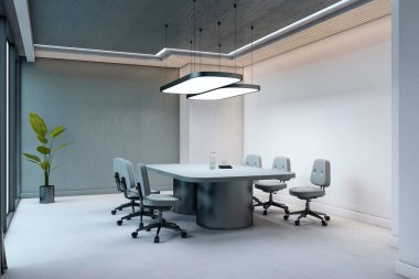 Boş, gri ofis sandalyeleri ve masası olan modern toplantı odası, minimalist dekorasyon, ve temiz bir arka planda hafif ışıklandırma. 3B Hazırlama