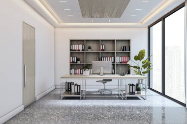Şık masası, cam pencereleri, organize rafları, şehir arka planında şık dekorları olan modern yönetici ofisi. Lüks çalışma alanı kavramı. 3B Hazırlama