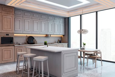 Ahşap dolaplar, ada tezgahı ve büyük pencereli ve şehir manzaralı parlak bir dairede yemek masası olan modern mutfak. 3B Hazırlama