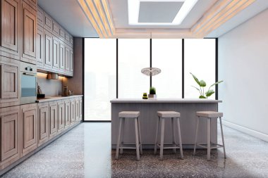 Ahşap dolapları, ada tezgahı, bar tabureleri ve şehir manzarasını gösteren büyük pencereleri olan modern mutfak. 3B Hazırlama