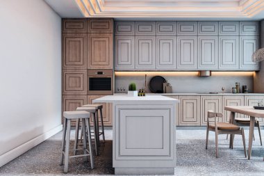 Terrazzo zemin zemininde hafif ahşap dolaplar, merkez ada ve modern mobilyalar olan şık bir mutfak. Ev yemeği kavramı. 3B Hazırlama