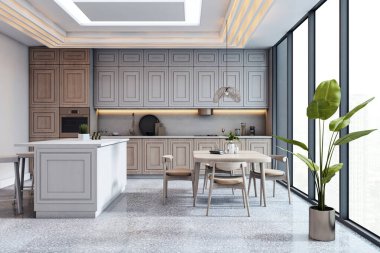 Ahşap dolaplar, yemek masası ve parlak arka planda şehir manzarasını gösteren geniş pencereli çağdaş mutfak. 3B Hazırlama