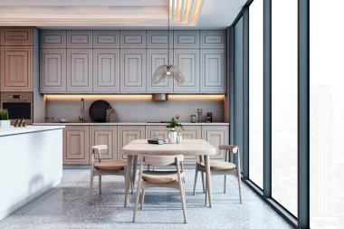 Ahşap dolaplar, modern yemek masası ve parlak minimalist arka planda geniş pencerelerden şehir manzarası olan şık bir mutfak. 3B Hazırlama